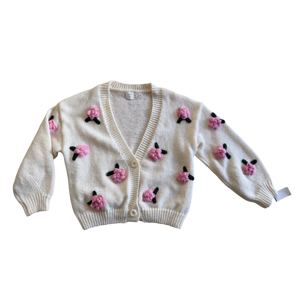 Coquette Floral Cardigan Pink Rosette Knit Cream Medium